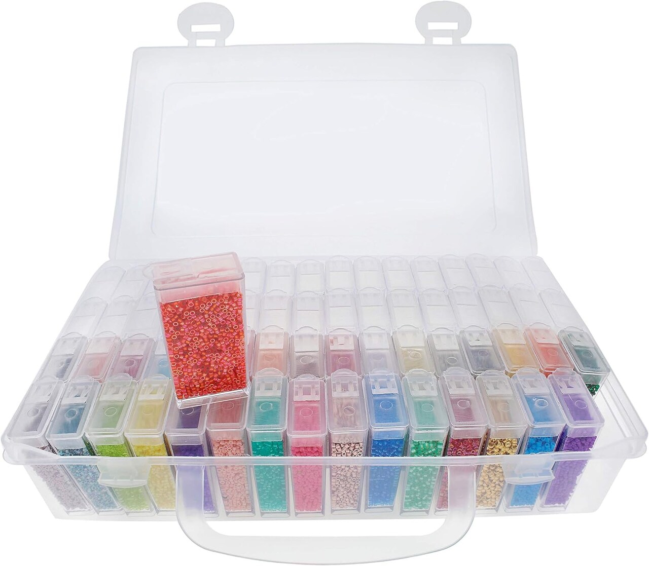 The Beadsmith Personality Case - Clear Storage Carrying Case 8.5 x 5 inches - and 64 flip top Boxes 1 x 2 inches Each, Includes Labels, for organizing and Storage
